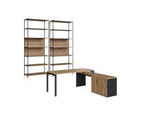 conjunto escritório dimitri com balcão, mesa e estantes. Estilo industrial na cor preta.