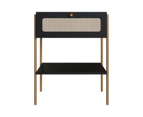 mesa de cabeceira leblon preta 1 gaveta com palhinha e 1 prateleira com pés metal dourado