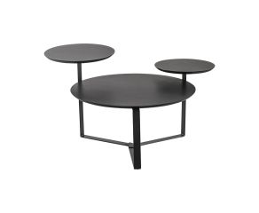 mesa de centro com 3 tampos moma. mesas preta, pés metal preto.