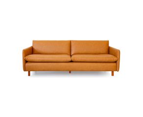 sofá studio couro ecológico caramelo, pés madeira, design moderno e elegante